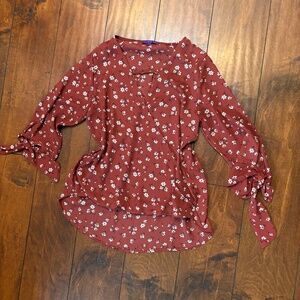 Rust Floral Wrap Blouse with Tie Sleeves - Size S/M